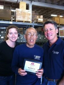 Hay Jue Moon with Greg Williams and Michelle Mitchell was presented with his award plaque in appreciation of his outstanding contribution and hard work at California Caster and Hand Truck Company